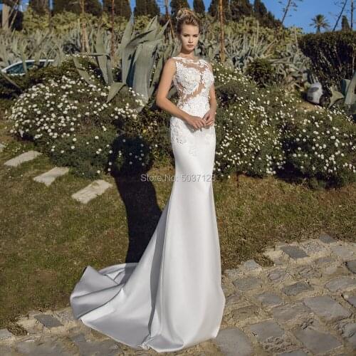 Satin Mermaid Wedding Dresses Lace Appliques Sleeveless Scoop Vestido De Noiva Bridal Gown Robe De Mariée