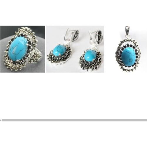 Free Shipping Vintage Blue Turquoise 925 Sterling Silver Marcasite Ring (#7-10) pendant and earrings sets