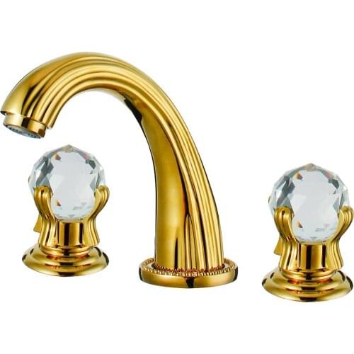 Free ship Gold PVD 8 inch 3 Pcs widespread bathroom Lavatory Sink faucet Crystal handles tap