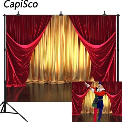 Capisco 3D Stage Theme Photography Backdrop Golden and Red Curtains Photo Background Wedding Birthday Party Decoration Studio