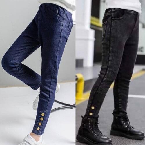 2019 Kids Cotton Jeans Pant For Girls Toddler Kids Bottoms Pants Children Skinny Elastic Waist Thicken Winter Warm Long Trousers