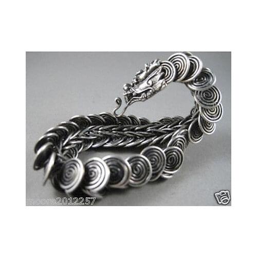Hot Sell! Tibet silver Handcrafted dragon Head Men`s bracelet 8 inches>jewerly free shipping