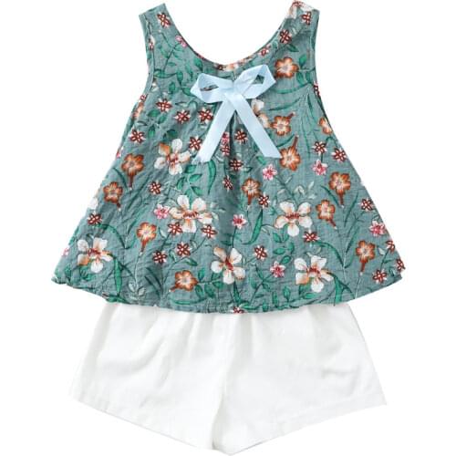 Baby Girl Summer Clothes Two Piece Set Sleeveless Bow T-shirts + White Shorts Flower Kids Girls Clothing Sets Girls Short Sets