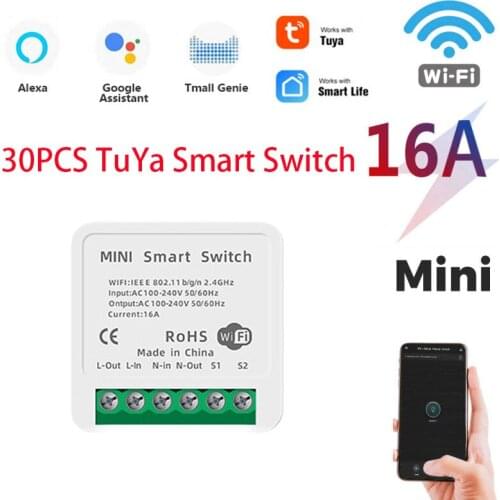 30PCS Tuya Mini 16A WiFi Switch Module with Smart Life App Smart Home Interruptor Work for Alexa, google home