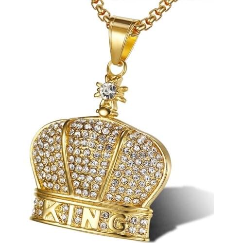 Hip Hop King Crown Pendants with zircon Necklace Iced Out Rhinestone men Necklace 24inch 316L Stainless Steel Rope Chain