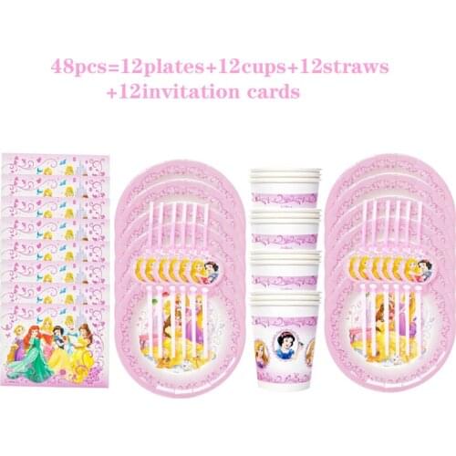 1set Disney Cartoon Figure Princess Theme Girl Birthday Party Decoration Items Baby Shower Disposable Tableware Set Plate Cup