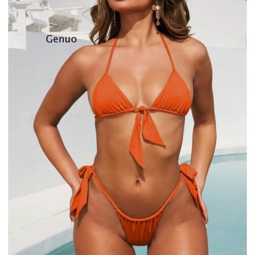 Sexy Bikini Swimwear Women Summer Halter Lace Up Bow Push Up Padded Bra Micro Bikini Thong Two Piece Set Beachwear
