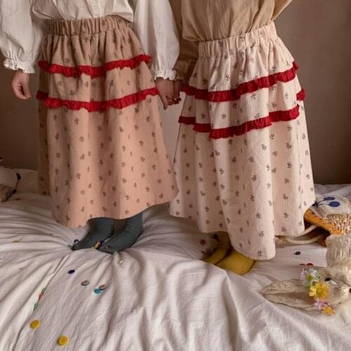 2021 Autumn New Girl Red Ruffles Floral Print Skirt Spring and Autumn Children Long Length A Line Cotton Casual Fashion Skirts