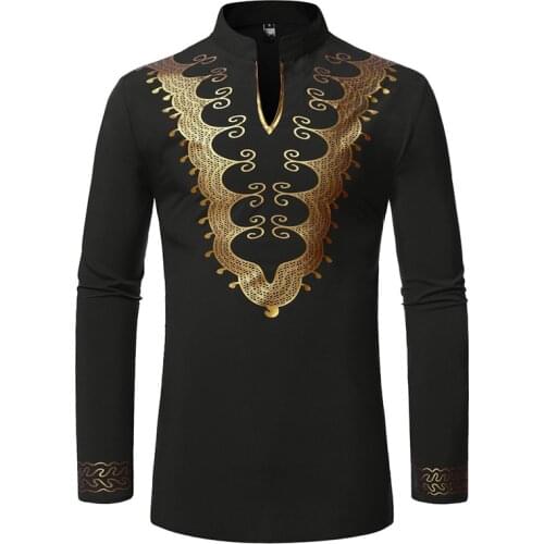 Mens African Dashiki Shirt Luxury Metallic Gold Print Mandarin Collar Shirt Men Hip Hop Streeetwear African Clothes Male Chemise