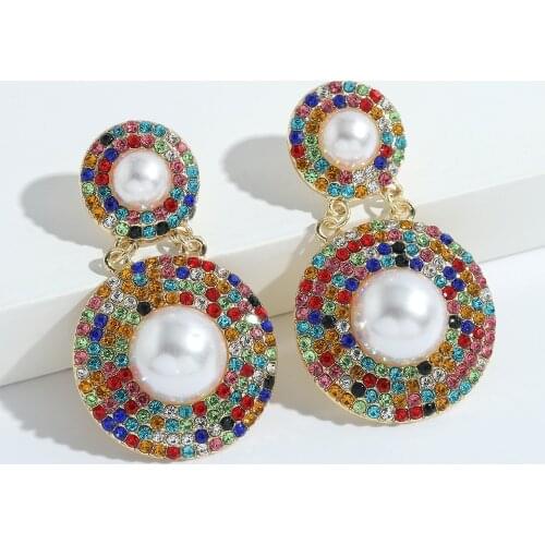 Dvacaman New Design Colorful Rhinestone Pearl Round Dangle Earrings for Women Trendy Large Drop Earrings Crystal Jewelry Brincos