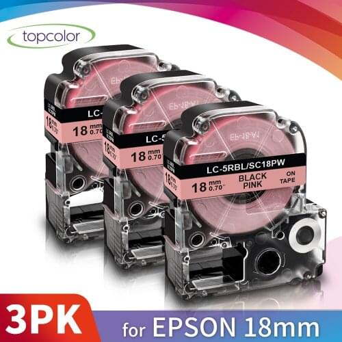 Topcolor 3PK Black on Pink 18mm*8m Label tape Replace Epson KingJim Label Maker SC18PW for LW-Z700FK Z900FK 600P 700 Typewriter