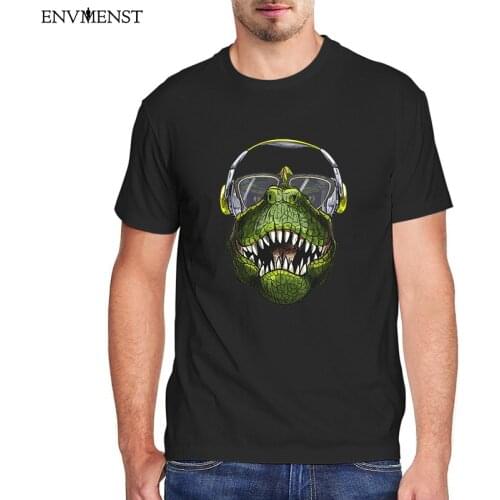 Funny DJ T-Rex Music Headphones Graphic T Shirt Men Clothing Cotton Casual Tees Tops Mens T-shirt Harajuku oversized Streetwear