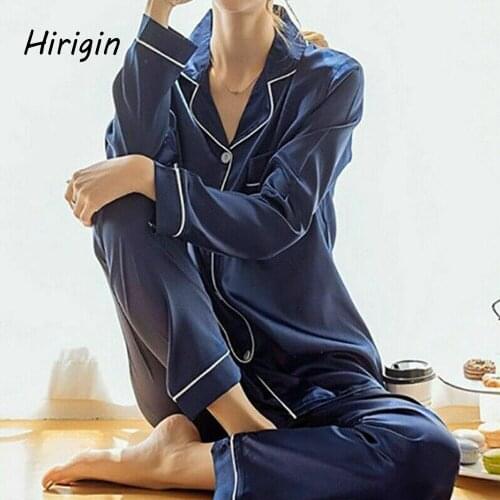 2020 Fashion 2 Piece Autumn Women Sleepwear Faux Silk Satin Pajamas Set Long Sleeve Sleepwear Pajamas Suit Female Homewear