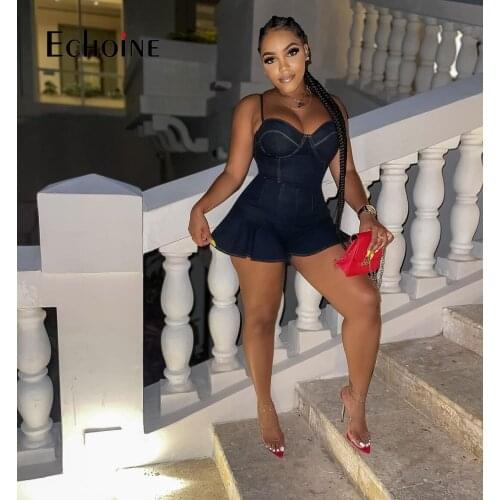 Echoine Summer Sweet Sexy Sling Denim ruffle Playsuits 2021 Women Beach High Waist Skinny Short Pant Rompers one piece jumpsuit