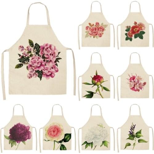 1Pcs Flower Pattern Kitchen Apron for Woman Sleeveless Cotton Linen Aprons Home Cooking Baking Bibs Cleaning Tools 53*65cm P1001
