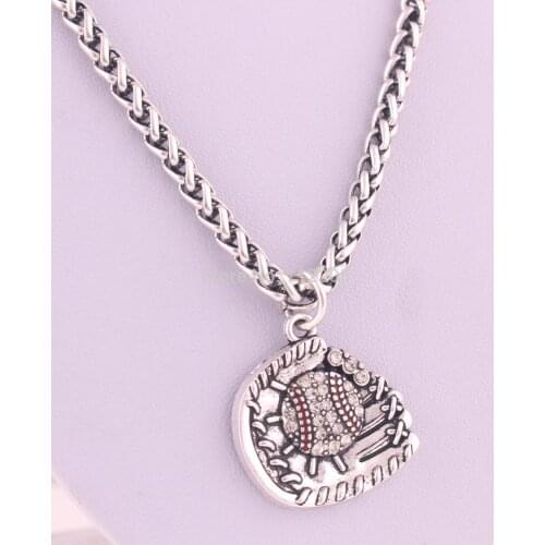 10pcs zinc alloy crystals Baseball or Softball Ball and Glove Pendant with wheat link chain lobster clasp necklace