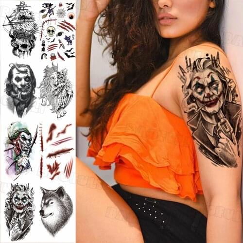 3D Joker Gun Temporary Tattoo For Women Men Kids Realistic Fake Pirate Skull Knife Scar Wolf Tattoo Sticker Water Transfer Tatoo