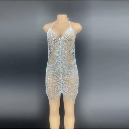 Black Silver Rhinestone Chain Short Dress Bar Prom Women Dancer Backless Hollow Outfit Birthday Celebrate Dress