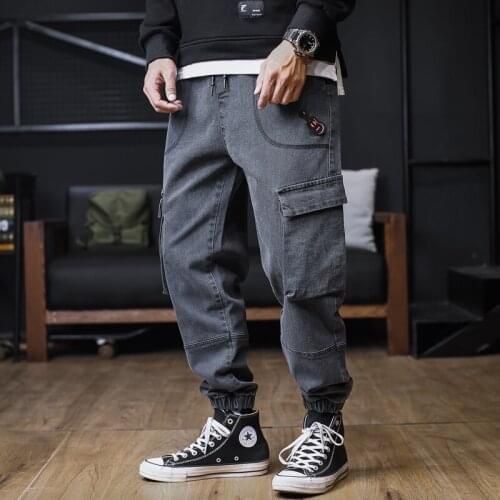 Teen plus size jeans multi-pocket 2 colors stretch elastic waist mens overalls youth all-match simple mens jeans