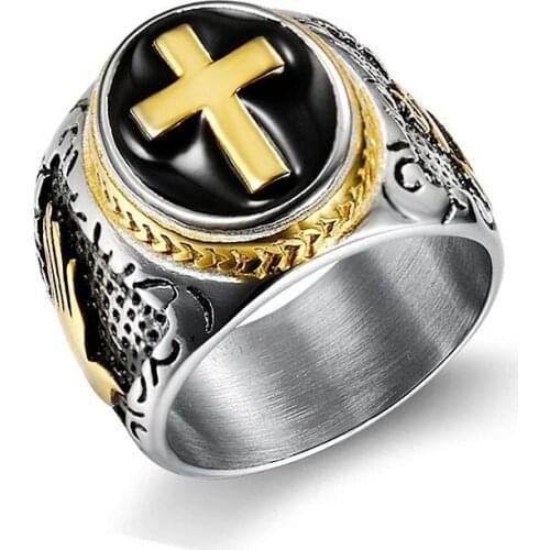 Hot sale Mens rose gold Silver color 316L Stainless Steel Christian Holy Cross Ring Hand of God