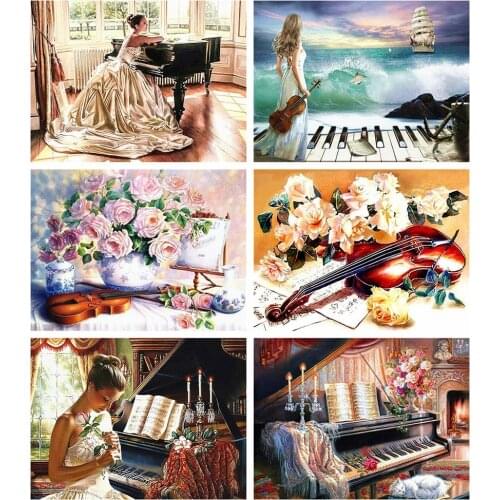 Huacan 5D DIY Diamond Painting Kit Violin Full Square/Round Paint With Diamonds Embroidery Flower Decorations Home