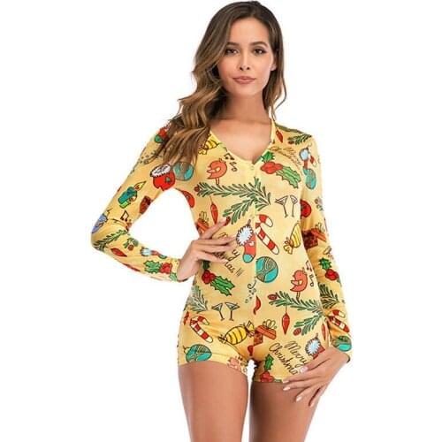 Female Jumpsuit Floral Print Deep V-Neck Long Sleeve Bodysuit Nightwear for Women