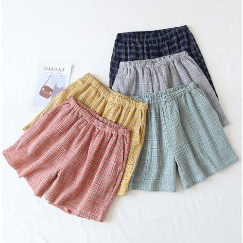 Summer Couples Sleep Pants 100% Cotton Crepe Pajama Shorts Men and Women Elastic Waist Sleep Bottoms Plaid Sleeping Shorts 2021