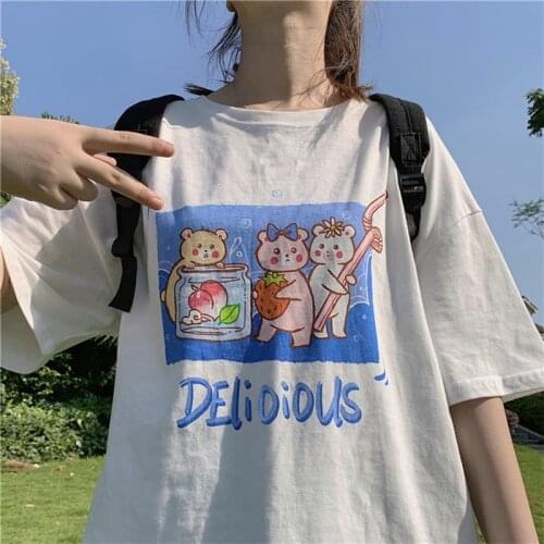 Cute Girly Girl T-shirt Tops Summer Women Lolita Bears Printed Tops Kawaii Delicious Students T-shirt