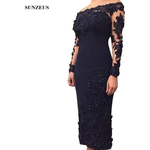 2019 Mother of the Bride Dresses Navy Blue Sheath Satin Ankle length Off the Shoulder Long Sleeves Women Evening Party Celebrity