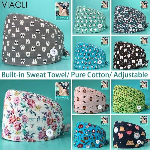 Cartoon tooth printing Caps pet club dustproof work hats men and women Beautician working caps scrubs caps with sweat-absorbent