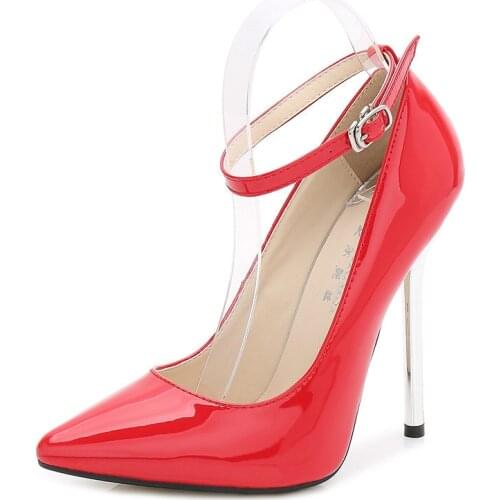 Large Size 35-44 Sexy 14cm Heels Ultra High Thin Heels Ladies Ankle Strap Shoes Patent Leather Women Pumps Sapato Feminino