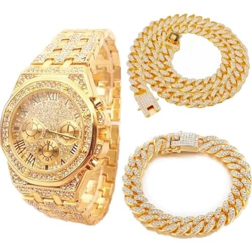 Hip Hop Watch for Men Iced Out Paved Rhinestones 1Set 3PCS 12MM Full Miami Curb Cuban Chain CZ Bling Rapper Necklaces for Men