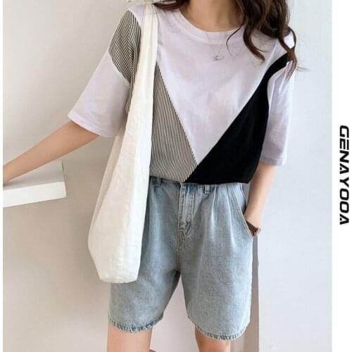 Genayooa 100% Cotton Patchwork Womens Tshirt Korean Vintage Short Sleeve T-shirt Harajuku Streetwear Tee Shirt Femme Summer