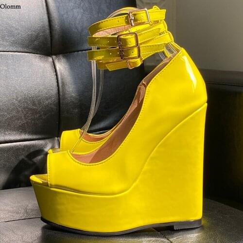 Olomm Handmade Women Platform Glossy Pumps Ankle Strap Wedges Heels Peep Toe Yellow Night Club Shoes Women Plus US Size 5-20