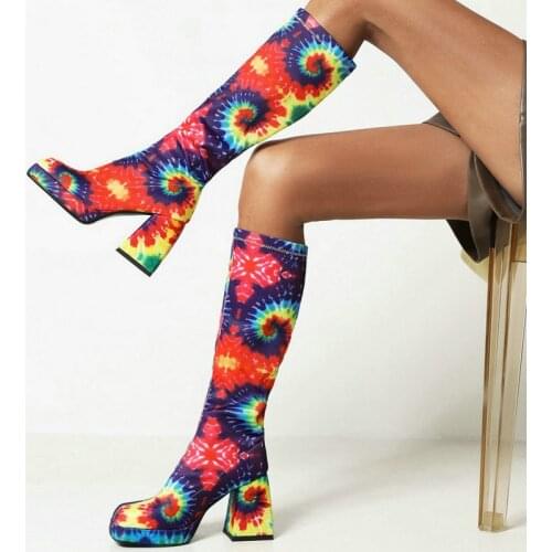 2021 New Women Knee High Boots Platform Thick High Heel Ladies Calf Boots PU Leather Snake Print Zipper Square Toe Womens Boots