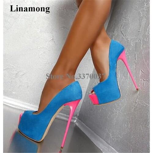 Brand Design Women Sexy Peep Toe Blue Suede Denim High Platform Pumps Slip-on Patchwork Pink Heel Shoes Dress High Heels