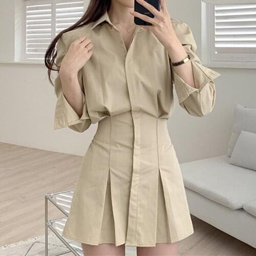Women Mini Shirt Dresses Elegant Turn Down Collar Single Breasted Slim Folds Korean Style High Waist Ladies One-piece Dress