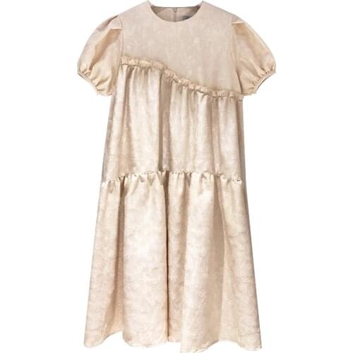 PERHAPS U Women O Neck Puff Sleeve Short Sleeve Loose Midi Dress Summer Female Beige Black Solid D1962