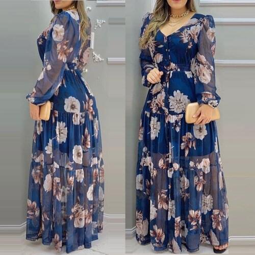 2021 Summer Women Casual Loose Beach Wear Boho Style Long Sleeve Dress Floral Print Lantern Sleeve V-Neck Chiffon Maxi Dress