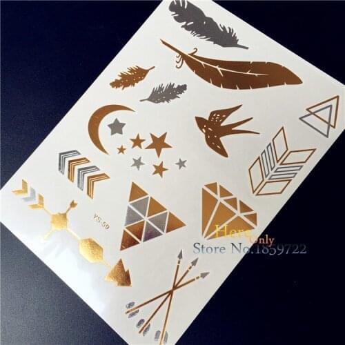 1PC Summer Style Gold Silver Metallic Tattoo Sticker YS-59 Feather Arrow Moon Star Diamond Pattern Waterproof Flash Tattoo Decal