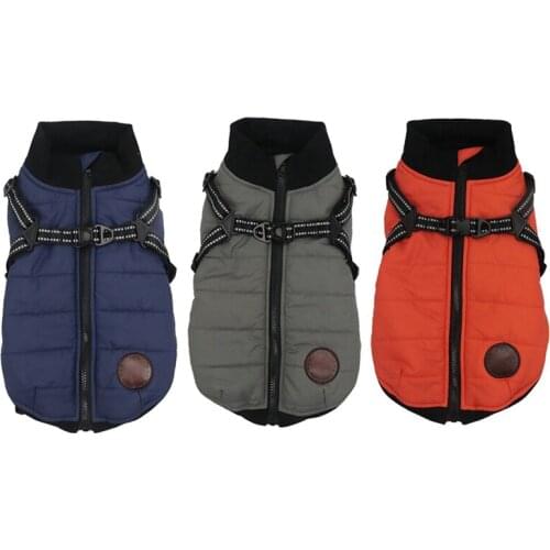 2 in 1 Pet Winter Waterproof Skiing Costume Sleeveless Cotton Padded Zipper Jacket Coat With Durable Chest Strap Harness For Dog