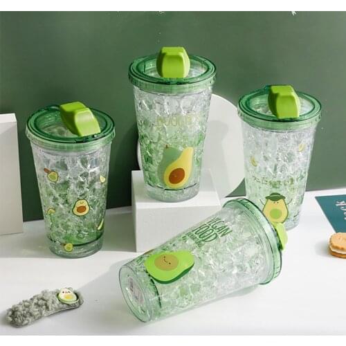 450ml Avocado Pattern Kawaii Summer Double Wall Gel Keeps Cold Water Bottle With Straw Bubble Tea Cup Milk Mug For Girl Kids