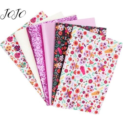 JOJO BOWS 22*30cm 6pcs Faux Synthetic Leather Fabric Set Halloween Printed Sheet For Needlework DIY Hair Bow Home Art Decoration