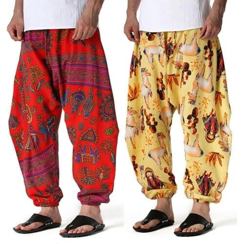 Summer Loose Mens Pants Printing Harem Pants Drop Crotch Men Multi Pockets Loose Trousers Retro Hip Hop Casual Male Trousers