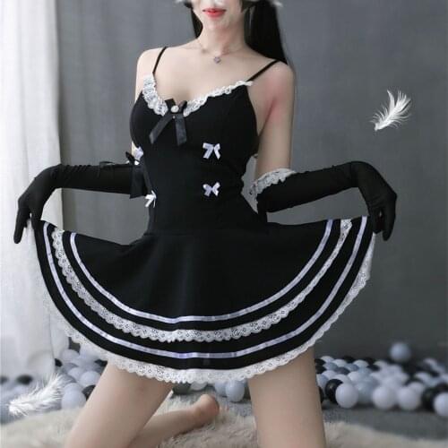 Black High Quality Sexy Maid Lingerie Cosplay French Apron Maid Costume Women Exotic Servant Cosplay Dress Ladies Lace Miniskirt