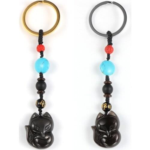 Ethnic Black Obsidian Fox Pendant Keychain Men Women Lucky Suspension Key Chain Car Bag Trinket Natural Stone Jewelry Gift