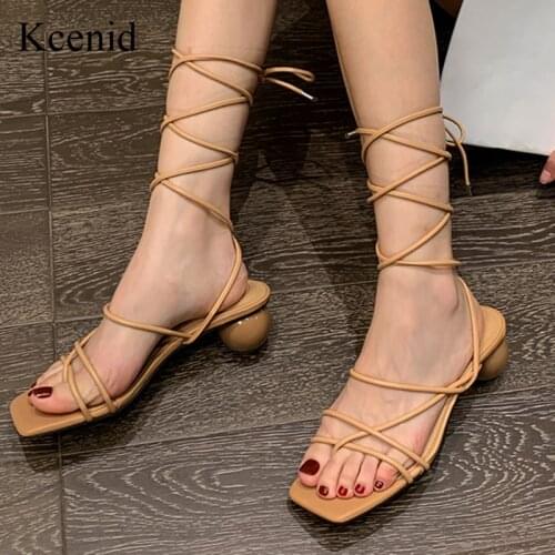 Kcenid 2021 New Design Ankle Strap Sandals Women Round Heel Party Lace-Up Summer Sandals Shoes Apricot White Black Size 41