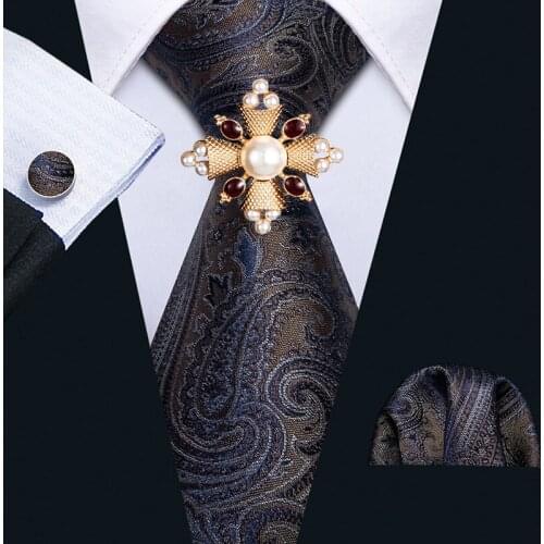Men Ties Gray Handkerchief Cufflinks Brooch Set Silk Floral Necktie Paisley Tie Wedding Buiness Gift for Male Barry.Wang