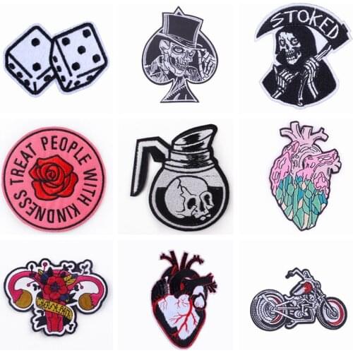 Punk/Skull Patch Heart Embroidery Fabric Stickers Clothes Patches Iron On Patches For Clothes Stripes Sewing Applique Badge Diy