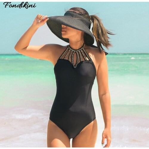 2021 New Crystal Bead One Piece Swimsuit Women Sexy Halter Bandage Monokini Brazilian Bathing Suit Female Swimming Wear